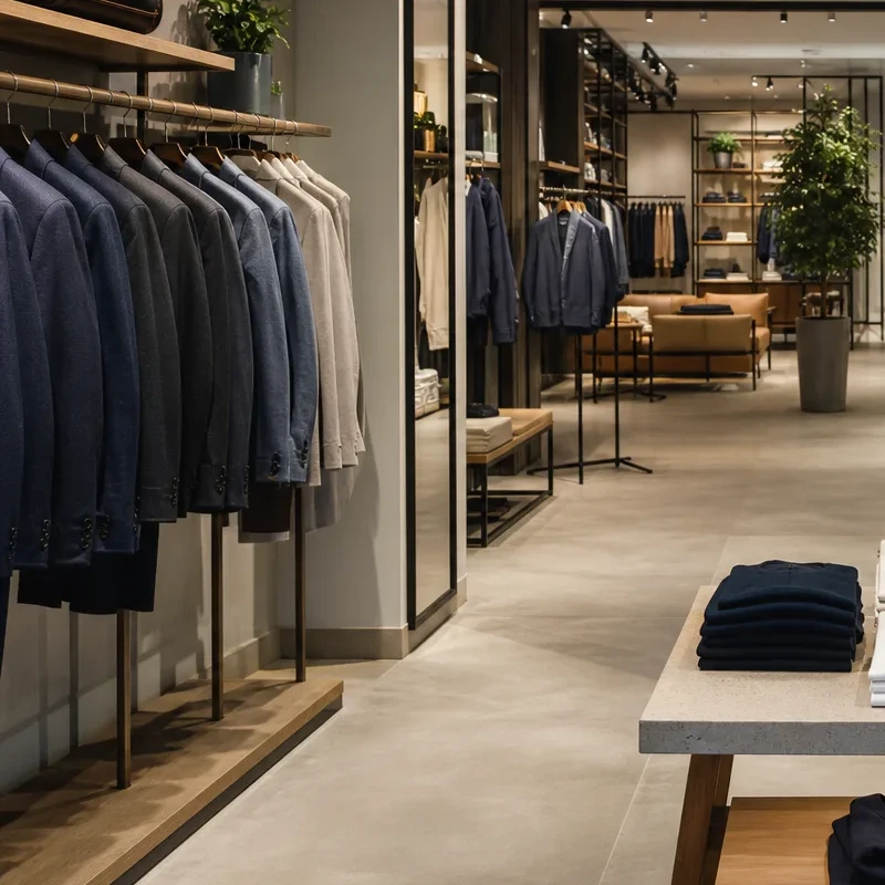 Illustrative detail of clothing rails and an open store aisle